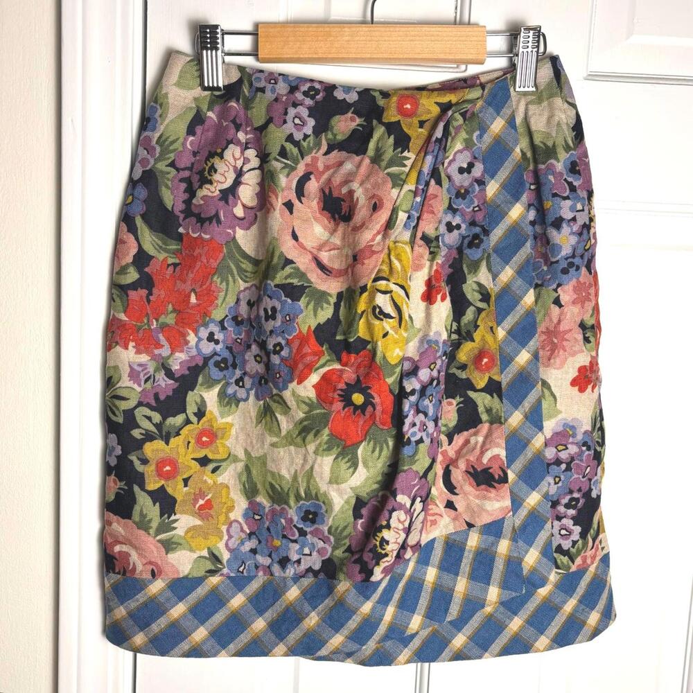 Vintage 80s Linen Floral Wrap Skirt